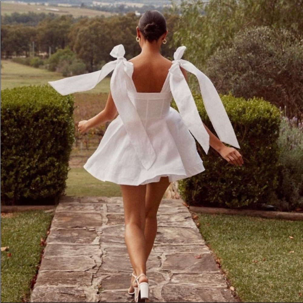 Dissh Aisle White Linen Bow Mini Dress US 4
